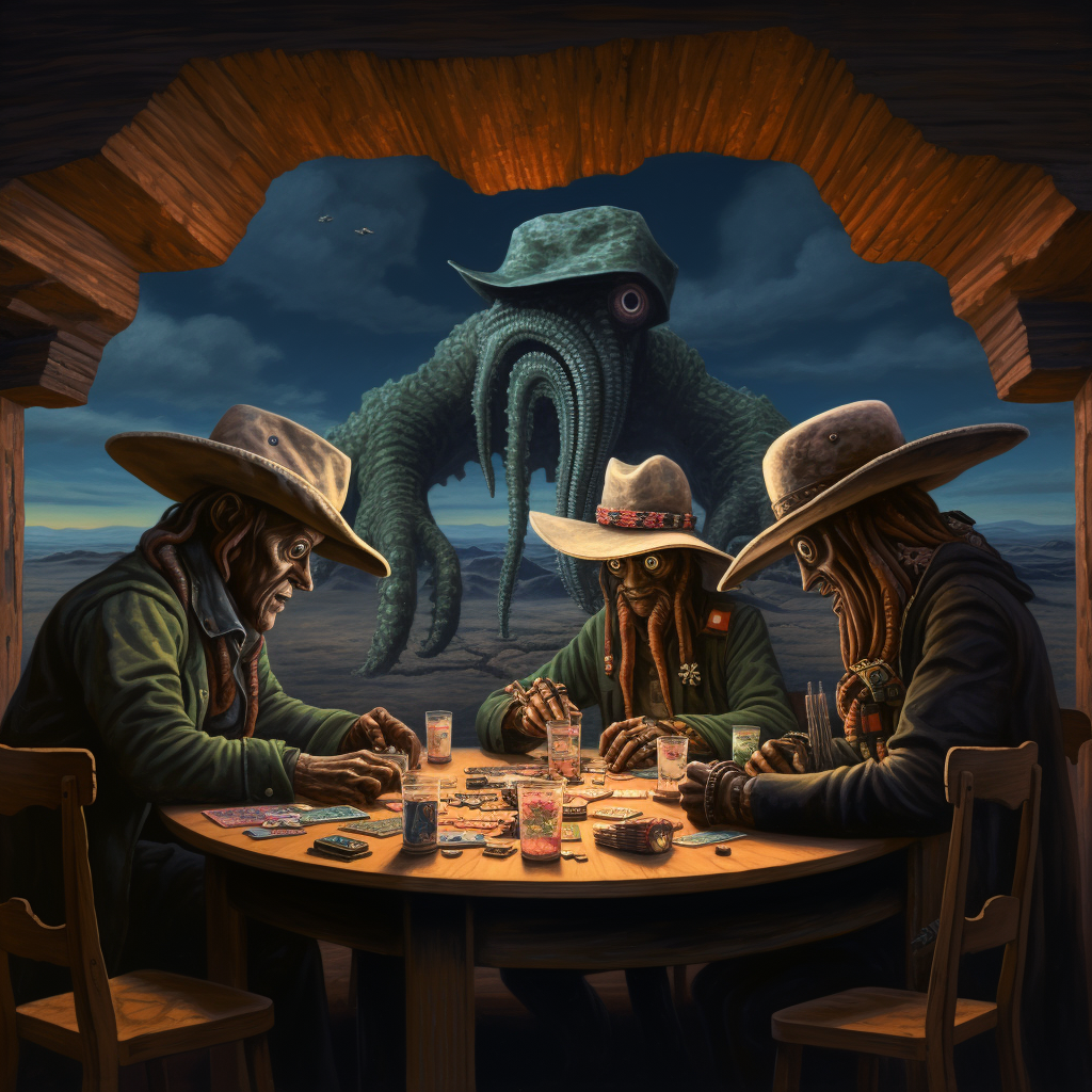 Cowboys playing poker on alien planet