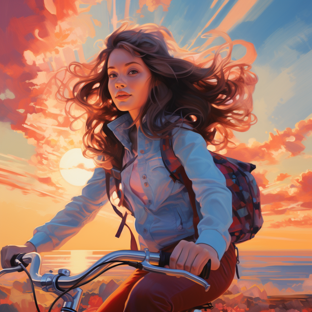 Teenage cowgirl riding bike at sunset