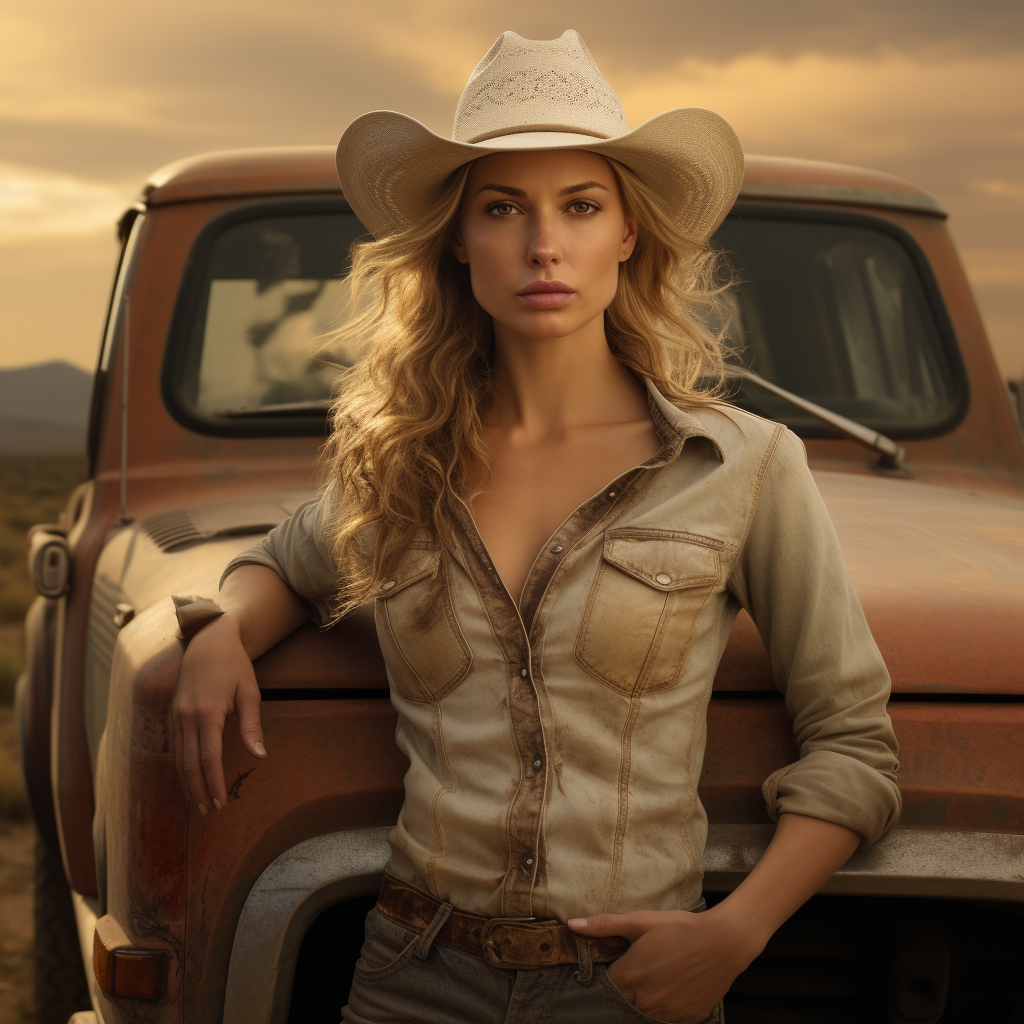 Cowgirl standing beside her truck