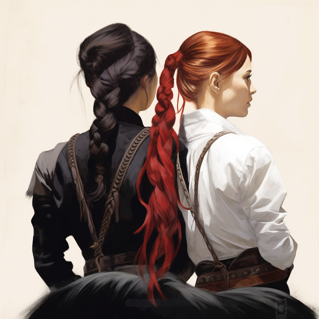 Two Stylish Cowgirls with Long Braid and Red Hair