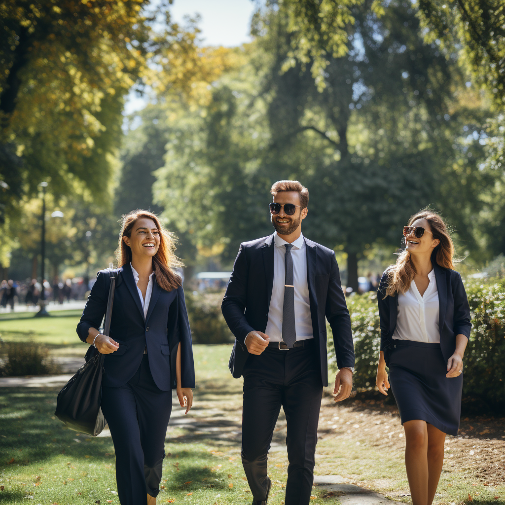 Co-workers walking in park