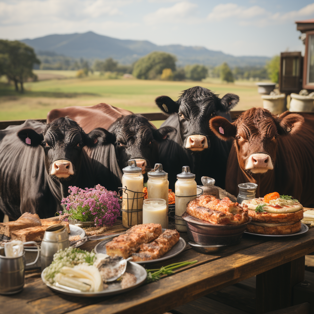 Cows serving delicious Wagyu steak to their friends