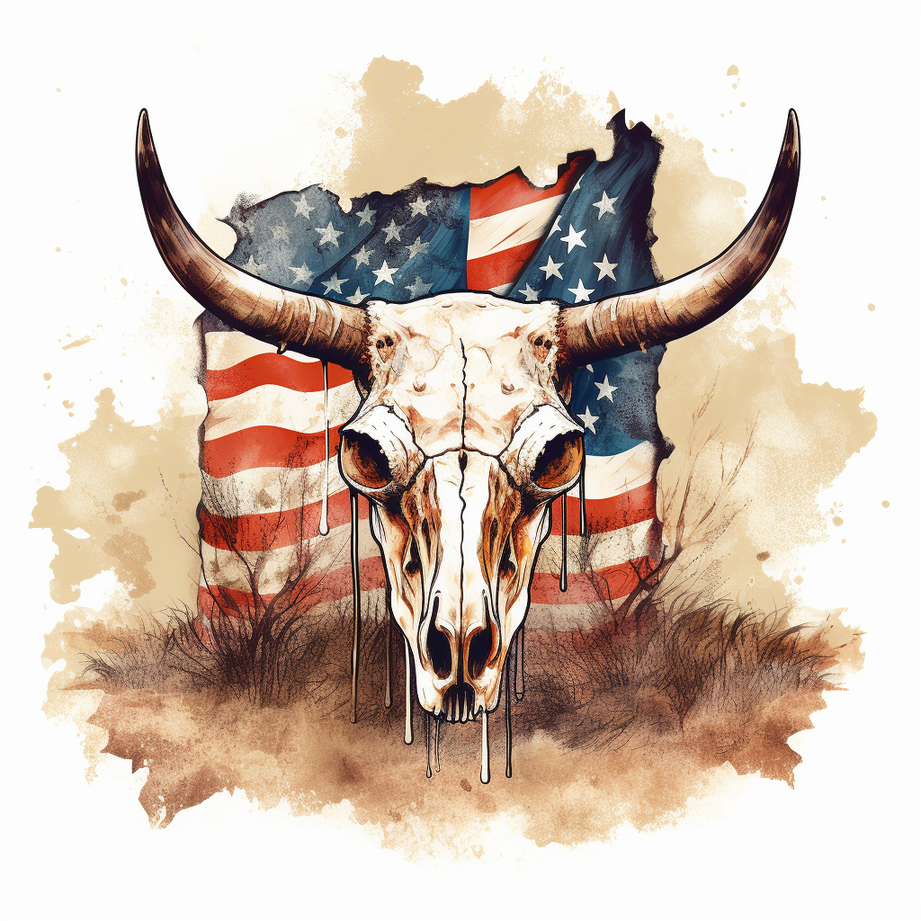 Cowskull with American Flag Background in Aggressive Digital Style