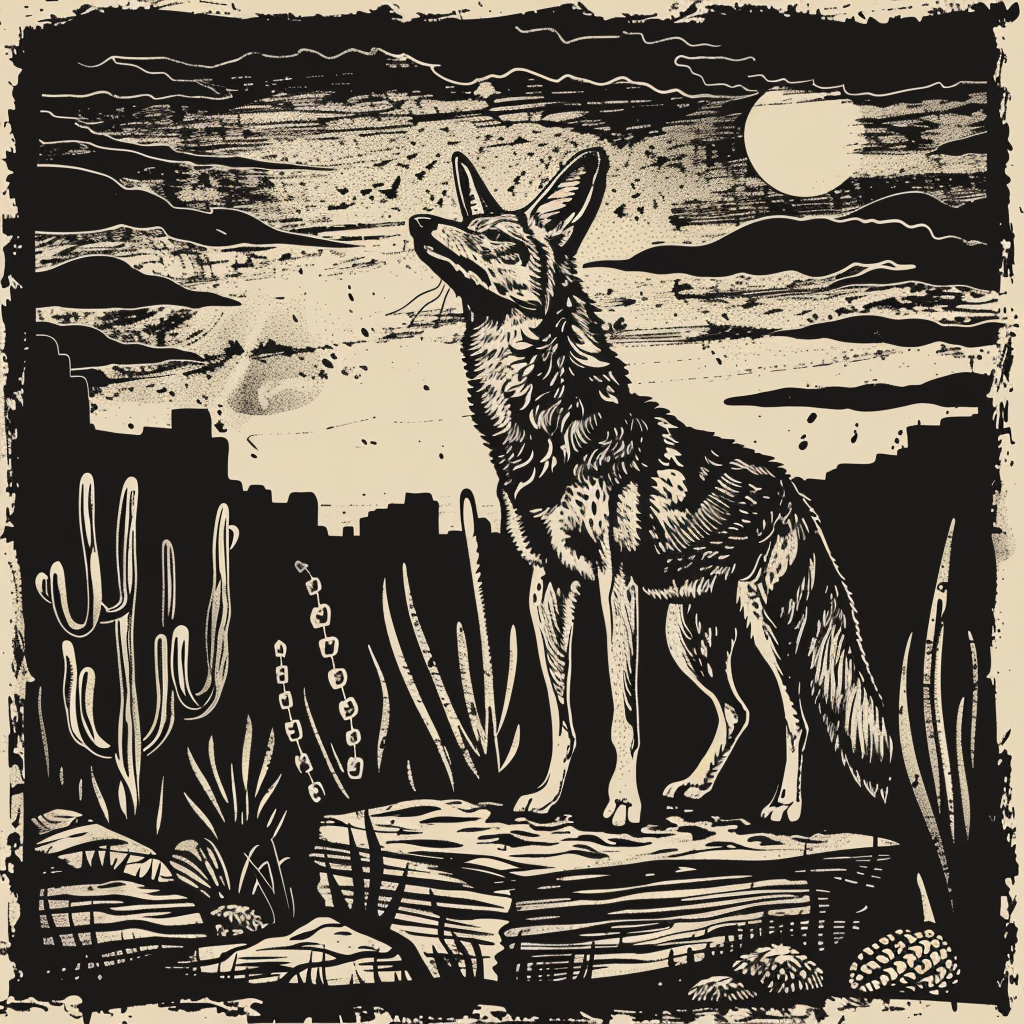 Black woodcut style coyote tattoo