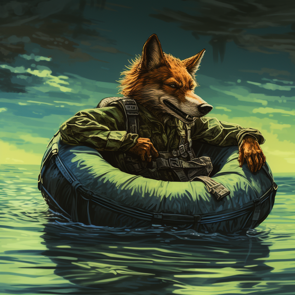 Coyote floating in river inner tube