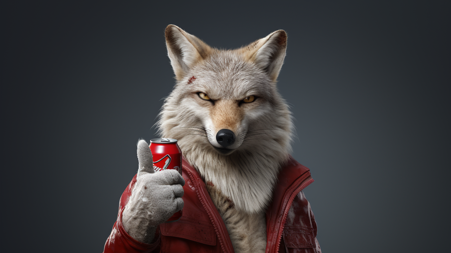 Coyote holding Coca Cola, showing middle finger