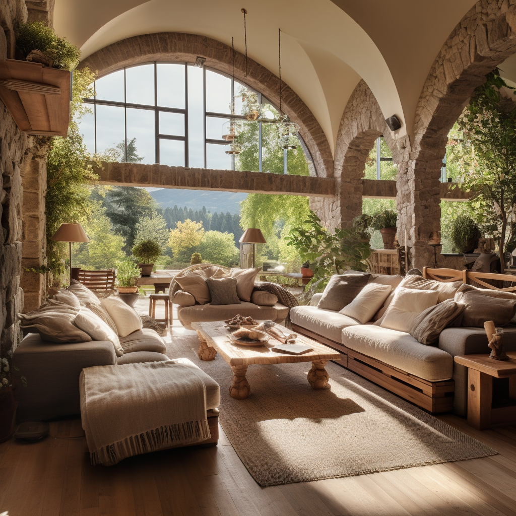 Cozy living room with arched garden view