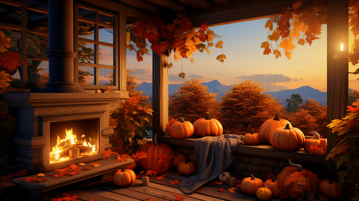 Autumn evening porch with campfire and pumpkins