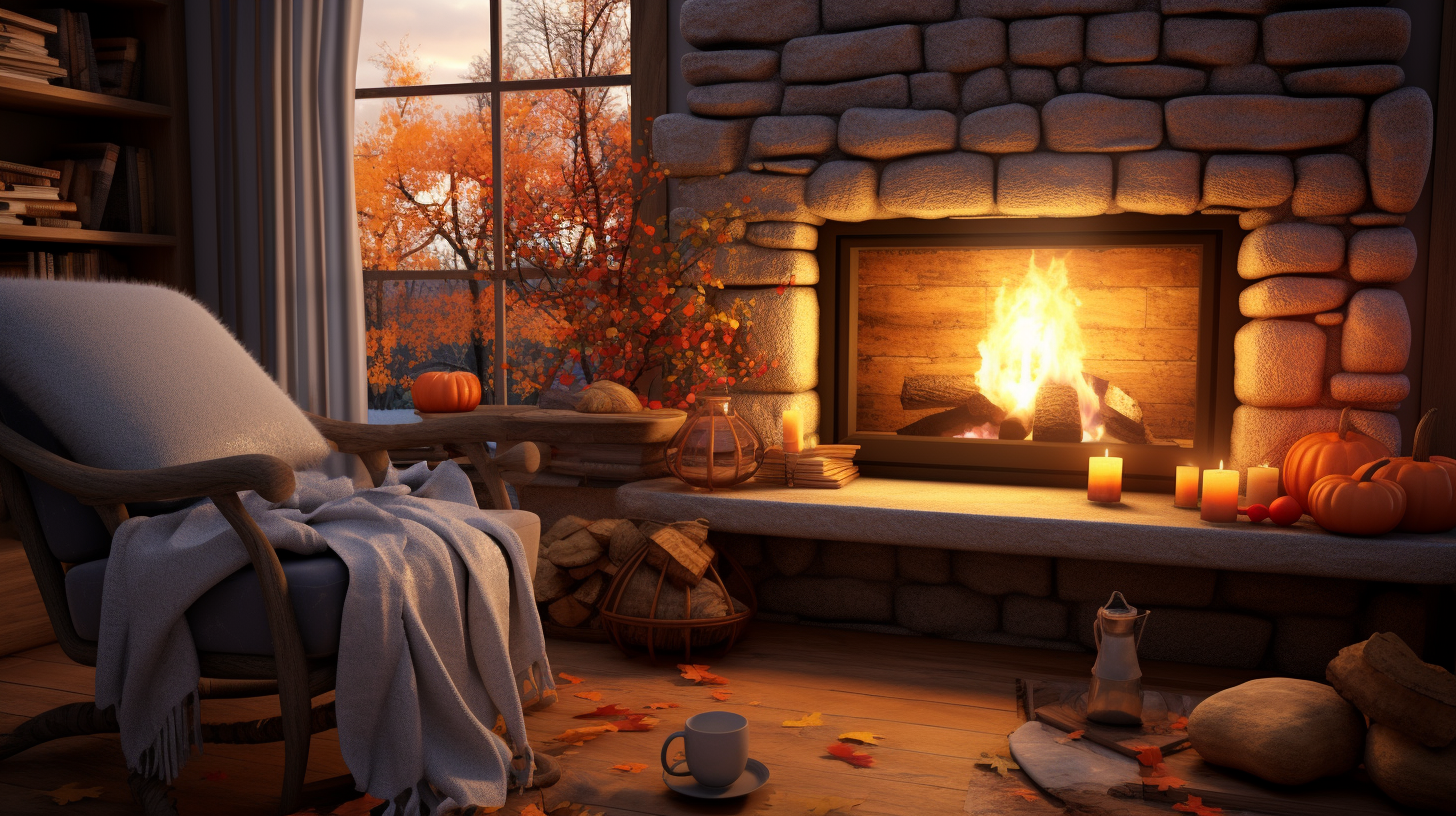 Warm and cozy autumn fireplace reading nook