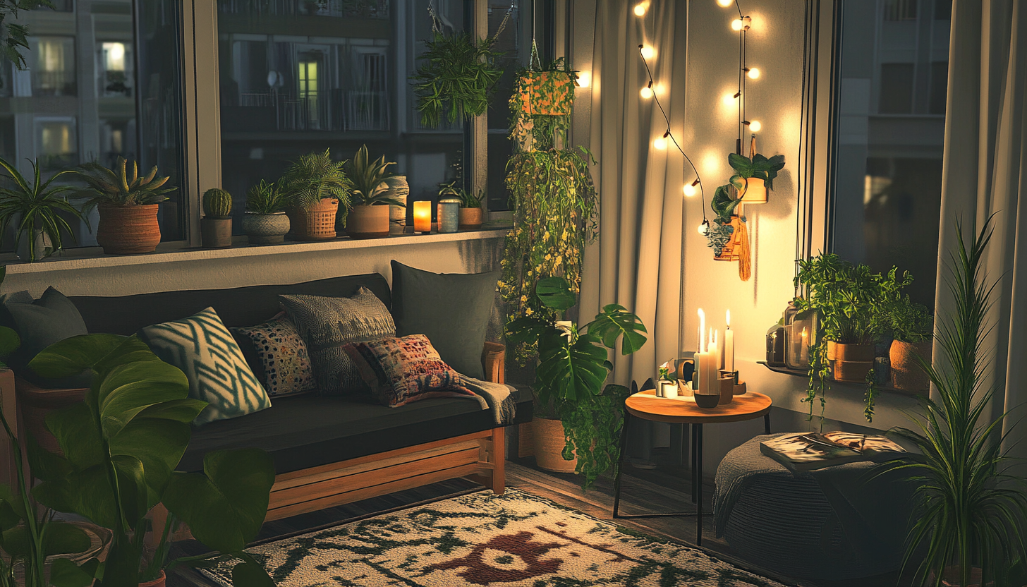 Relaxing Balcony with Plants and String Lights