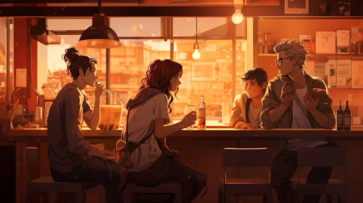 Young people sitting in a cozy bar, chatting and enjoying drinks.