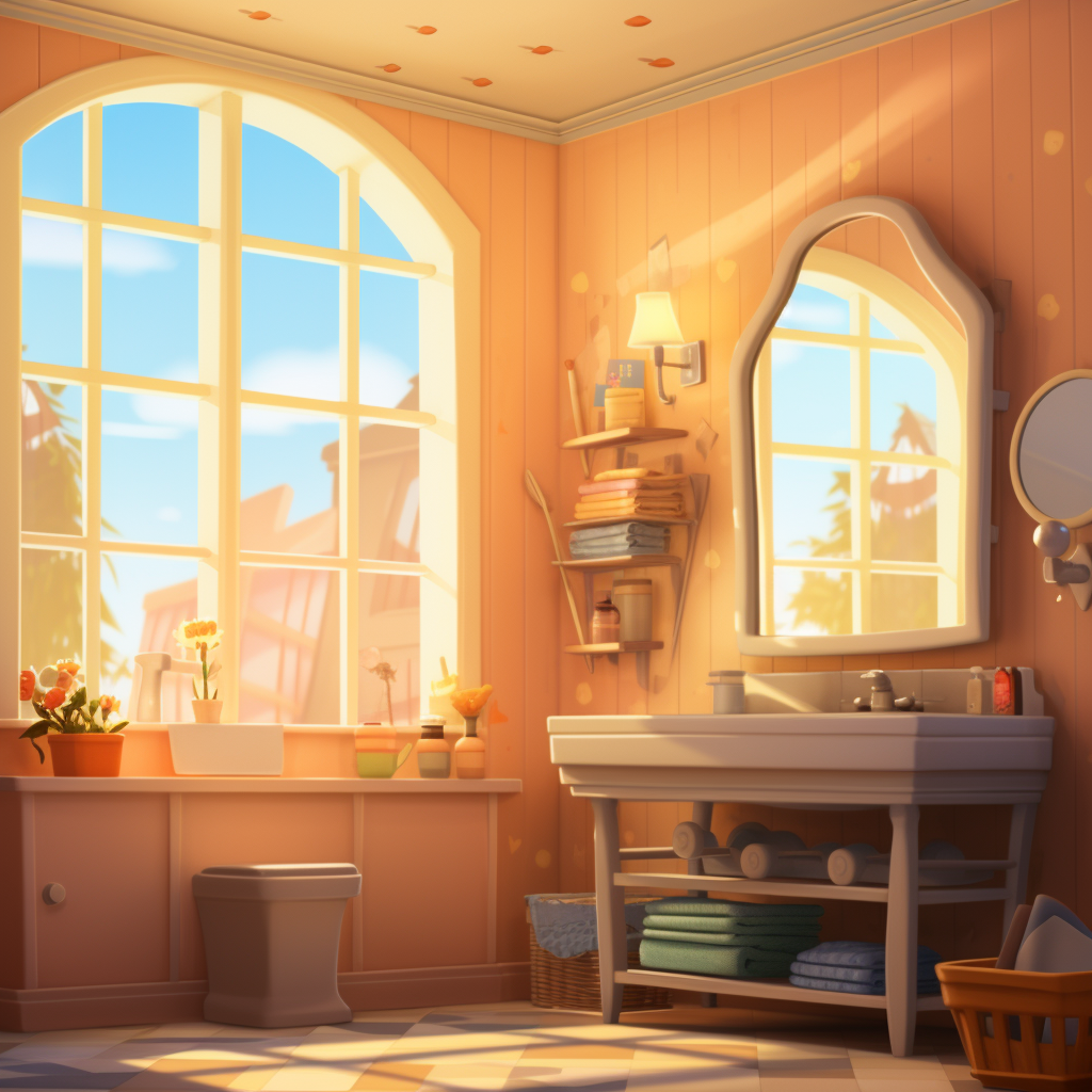 Cartoon-style cozy bathroom with big mirror