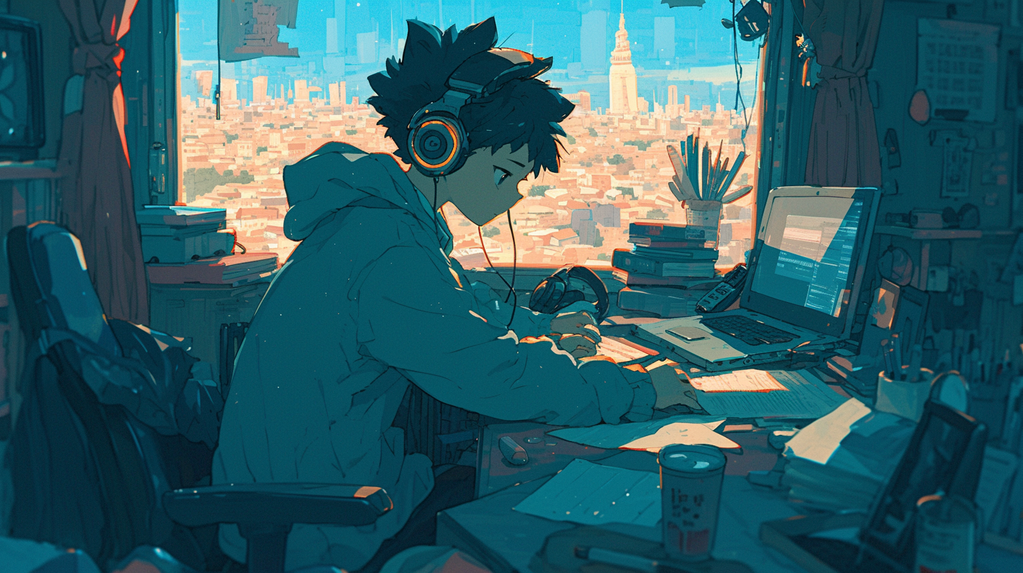 Anime character in cozy bedroom surrounded by homework