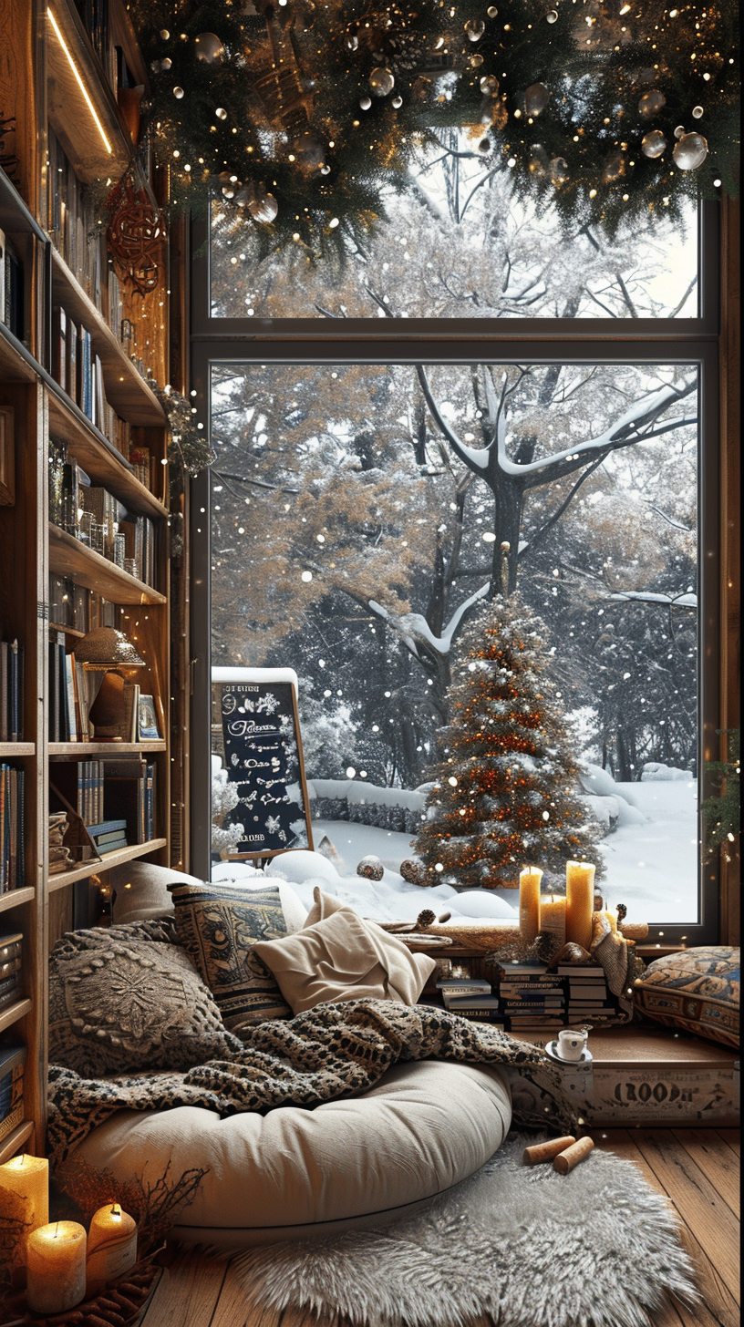 Cozy bedroom peaceful snow night day Korea style