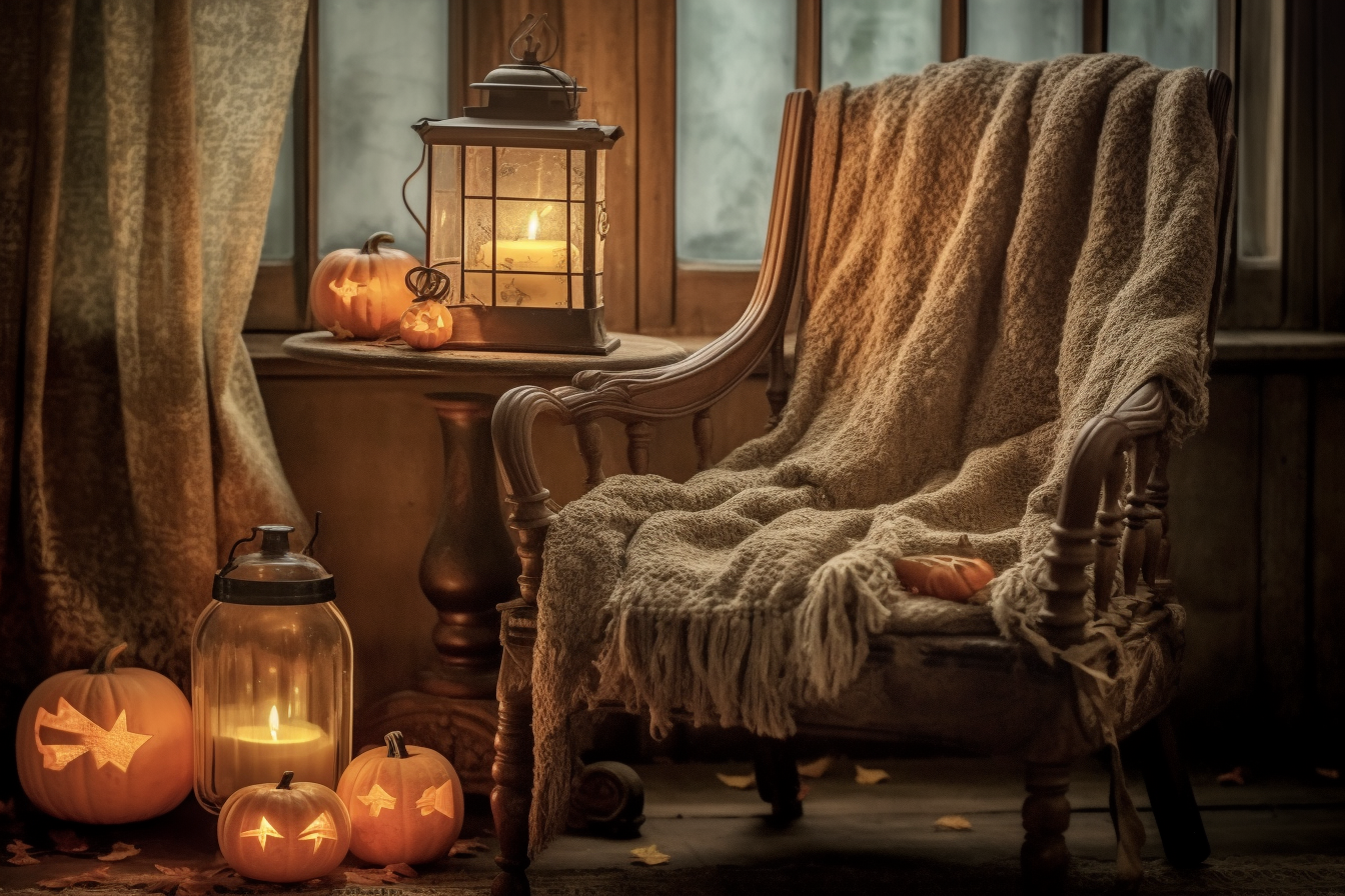 Cozy blanket, book, pen, pumpkins, and lantern