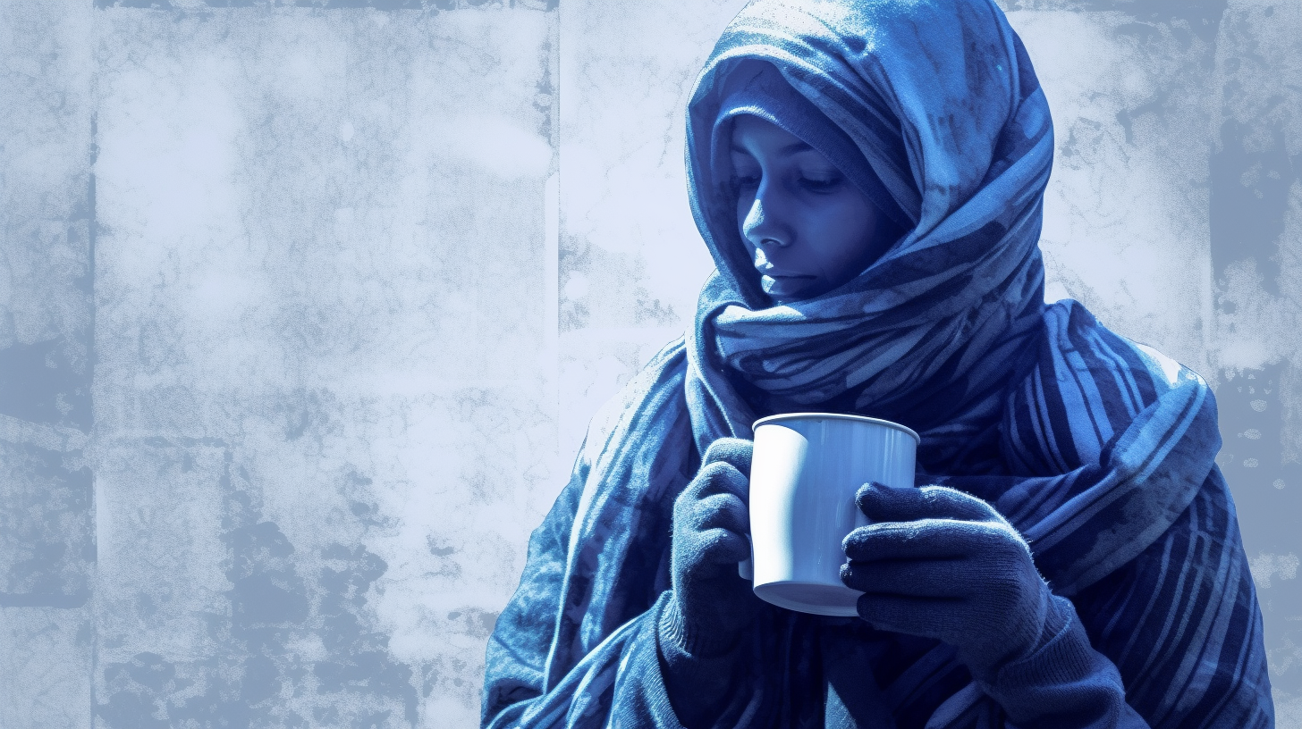 person wrapped in cozy blue scarf sipping warm drink