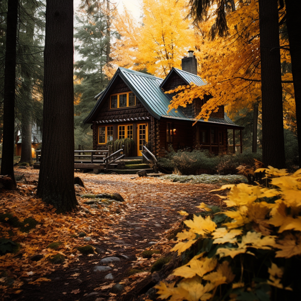 Cozy Cabin Surrounded by Autumn Trees