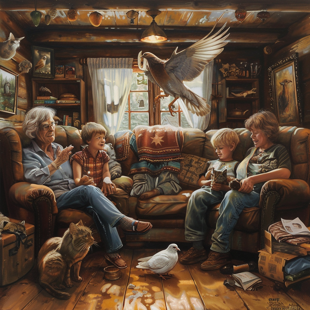 Family scene with dove and cat