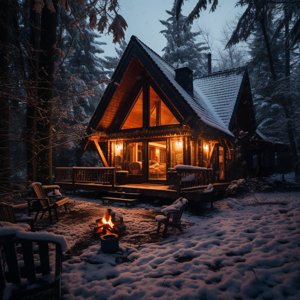 Snowy cabin with fireplace