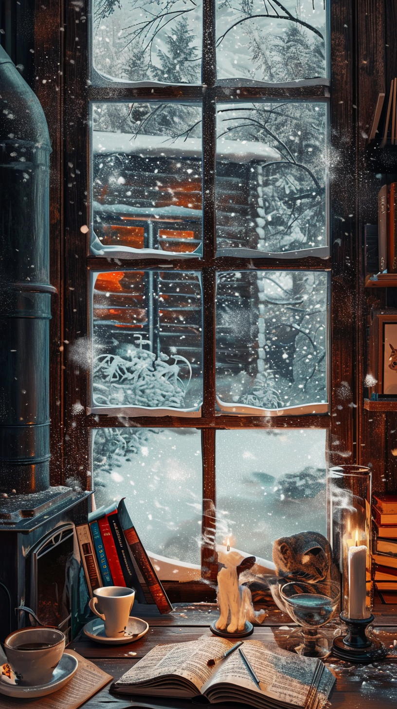 Cozy cafe fireplace winter scenery cat window artwork