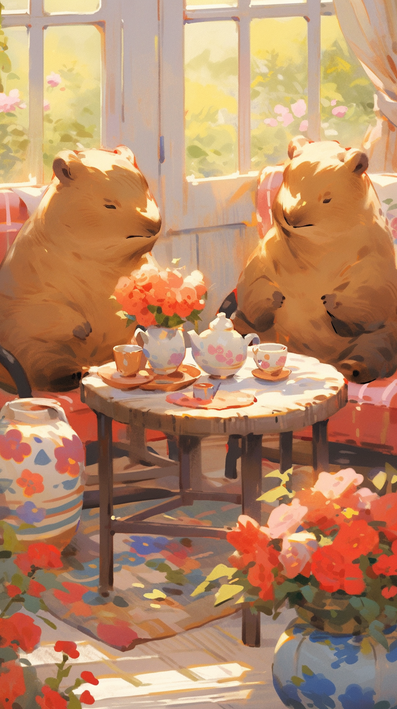 Two capybaras enjoying tea together