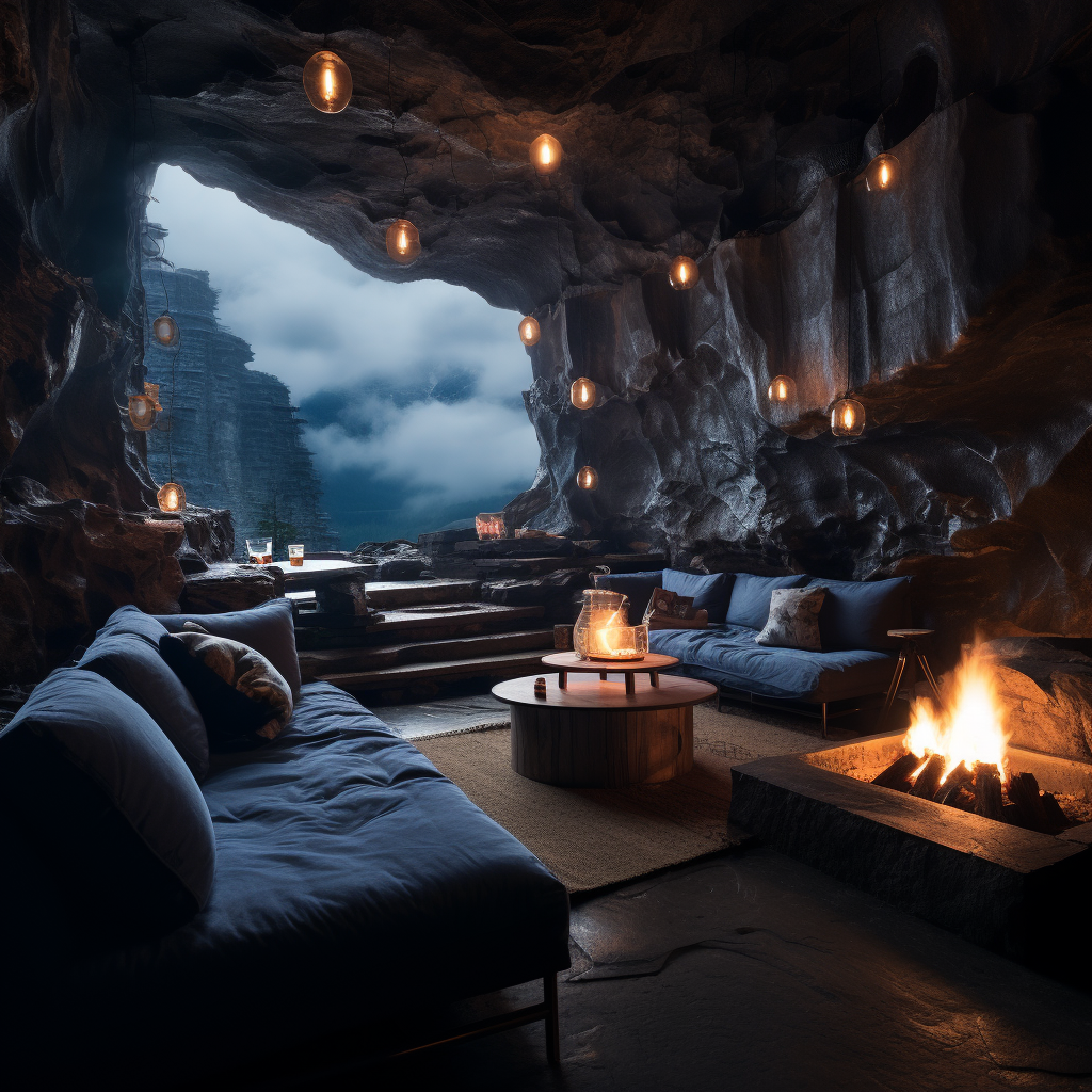 Cozy cave with lit firepit