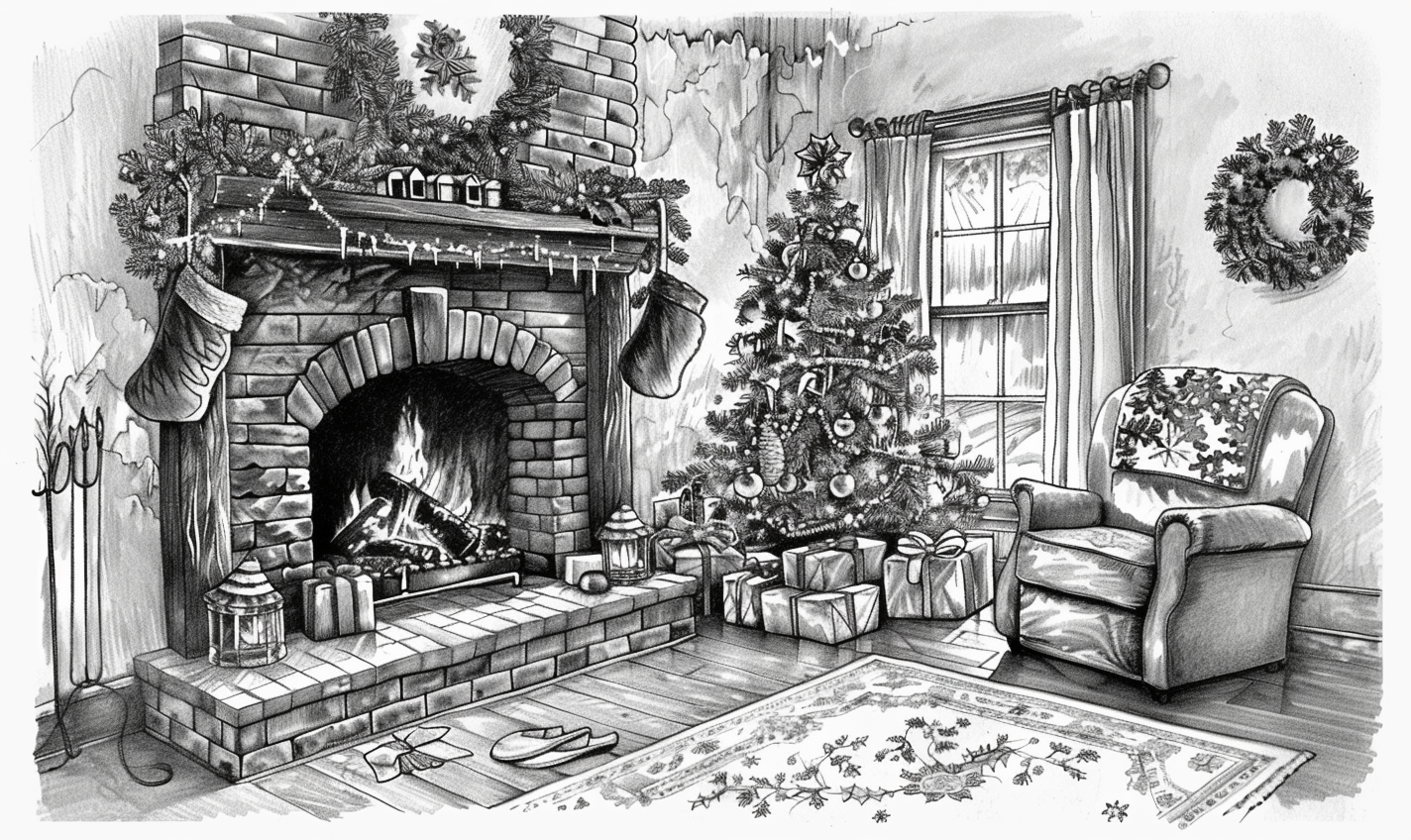 Christmas fireplace sketch in black and white