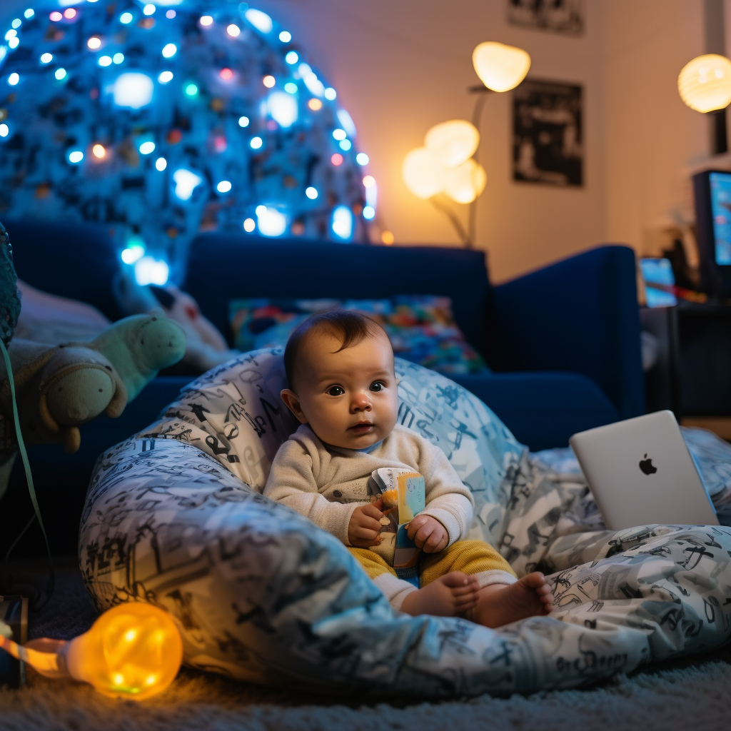 Adorable baby in onesie solving programming puzzles