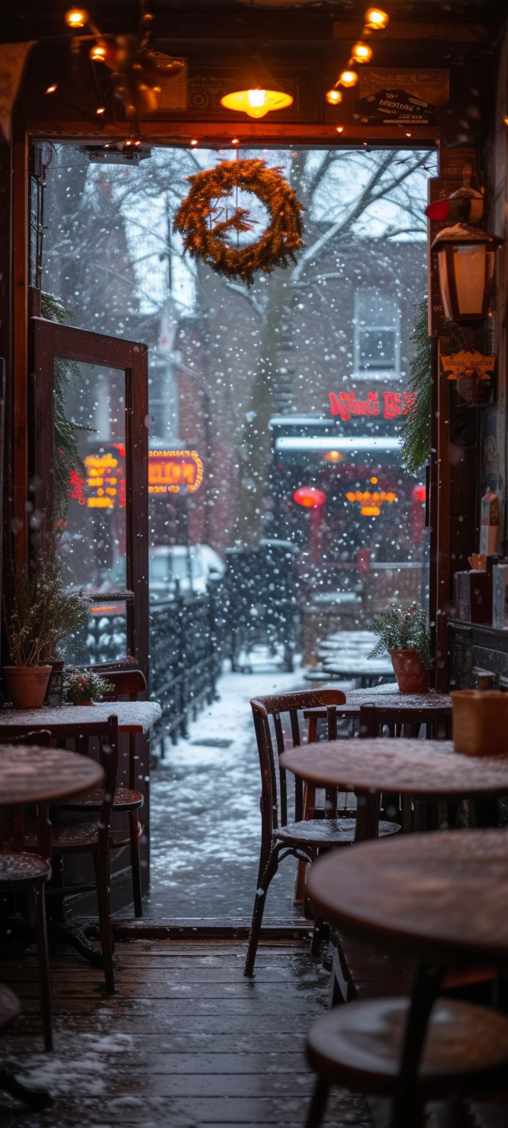 Cozy Empty Cafe Snowy Day Warm Cinematic