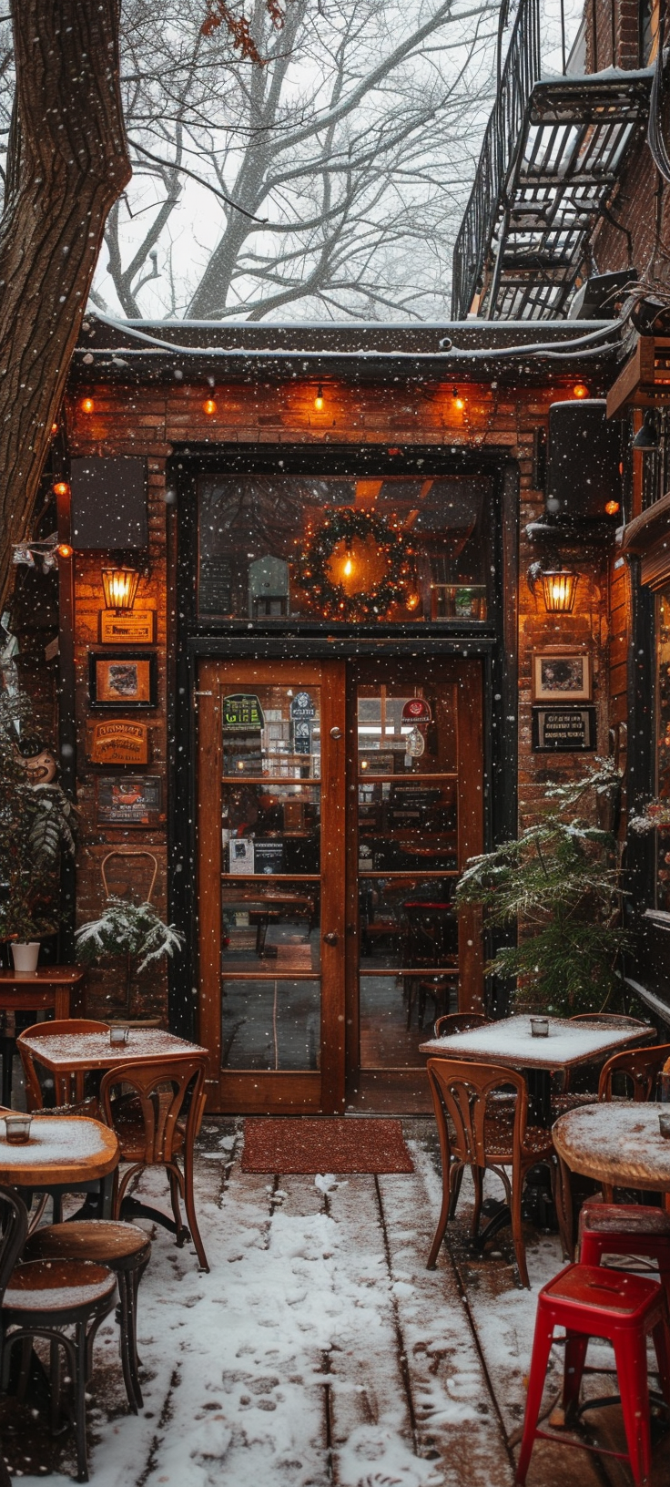 Cozy Empty Cafe on Snowy Day