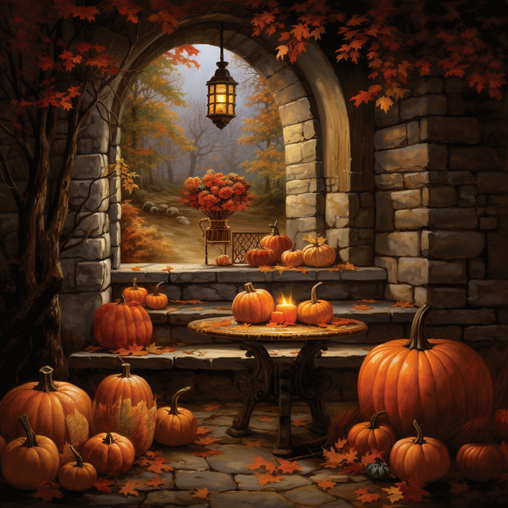 Cozy fall fireplace with pumpkins and leaves