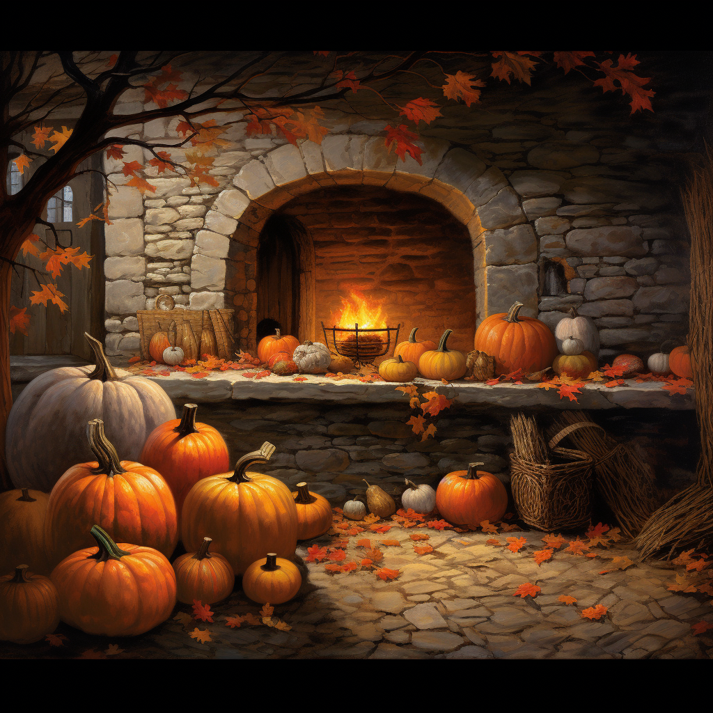 Cozy fall fireplace with pumpkins, leaves, and candles