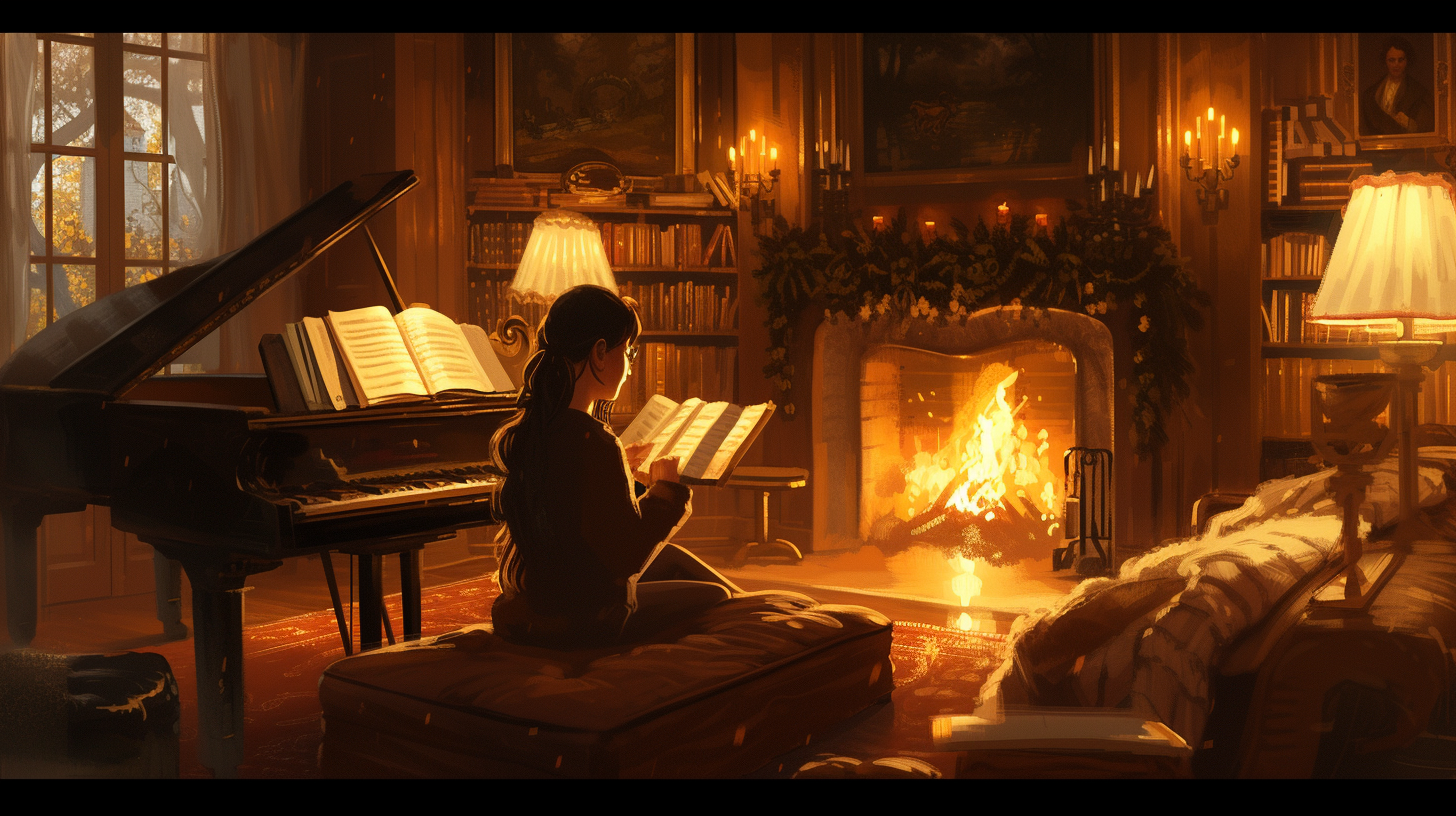 girl reading book by fireplace