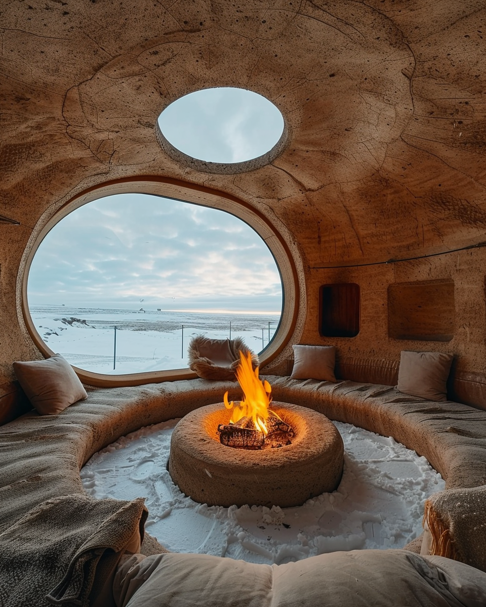 small iglu cabin with fire