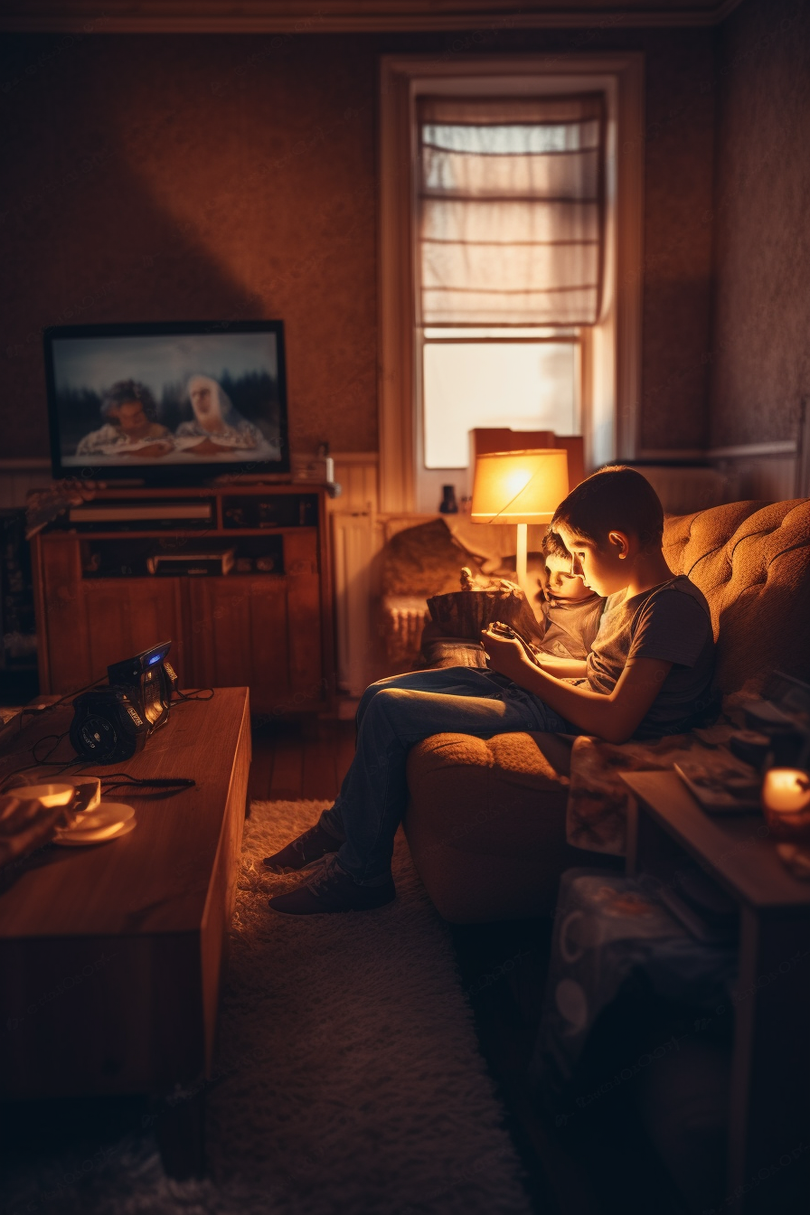 Smiling father and son playing video game