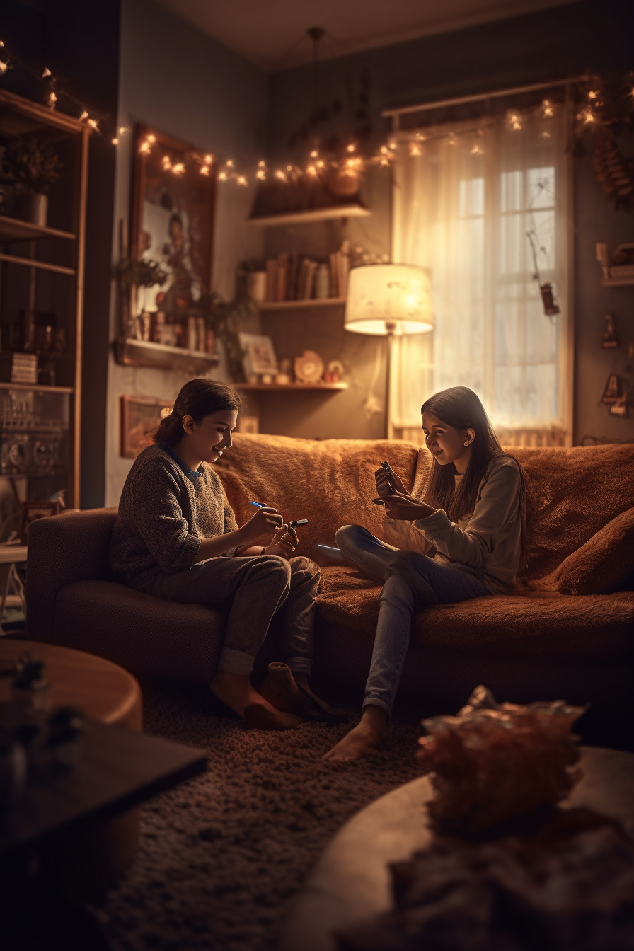 Smiling family playing video game on cozy couch