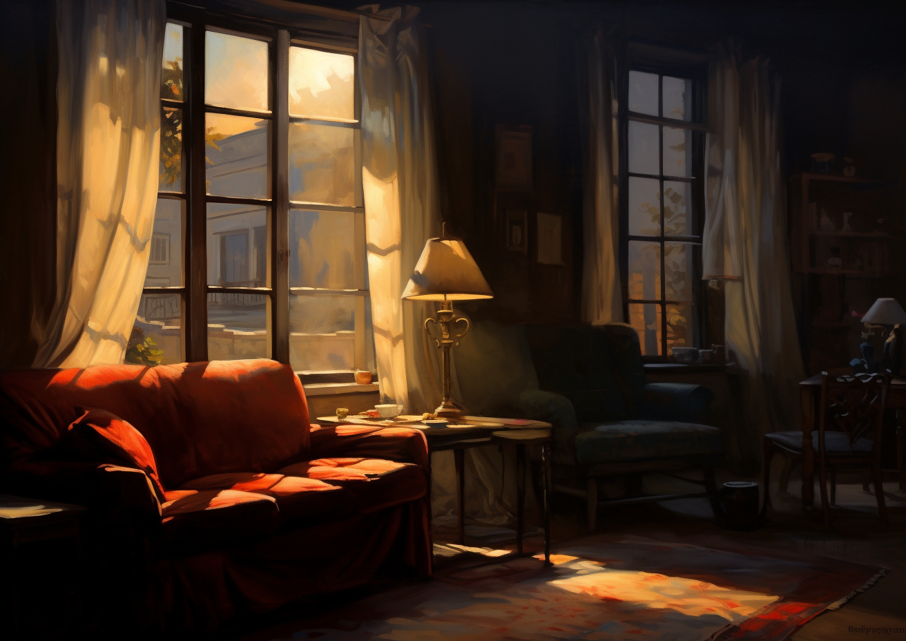 Cozy interior painting with dramatic lighting and shadowplay