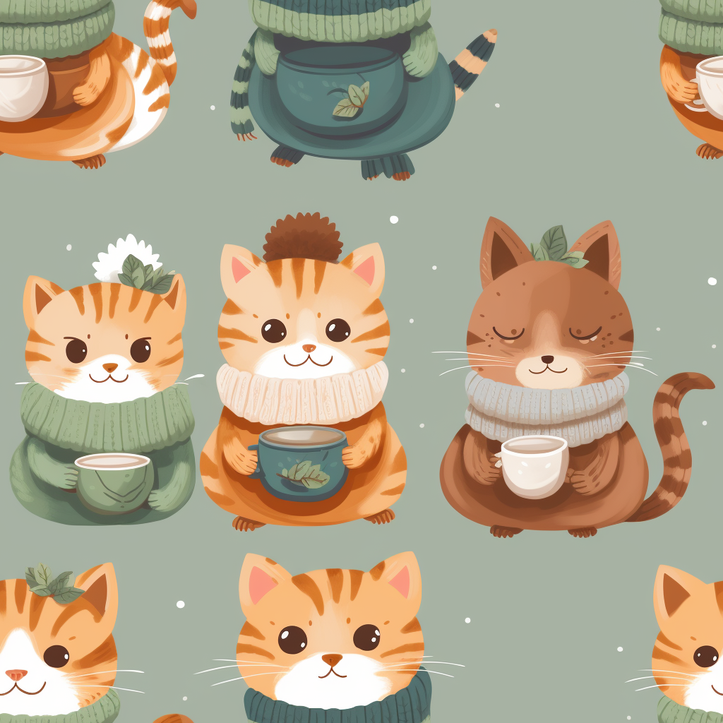 Adorable kittens in cozy sweaters sipping tea