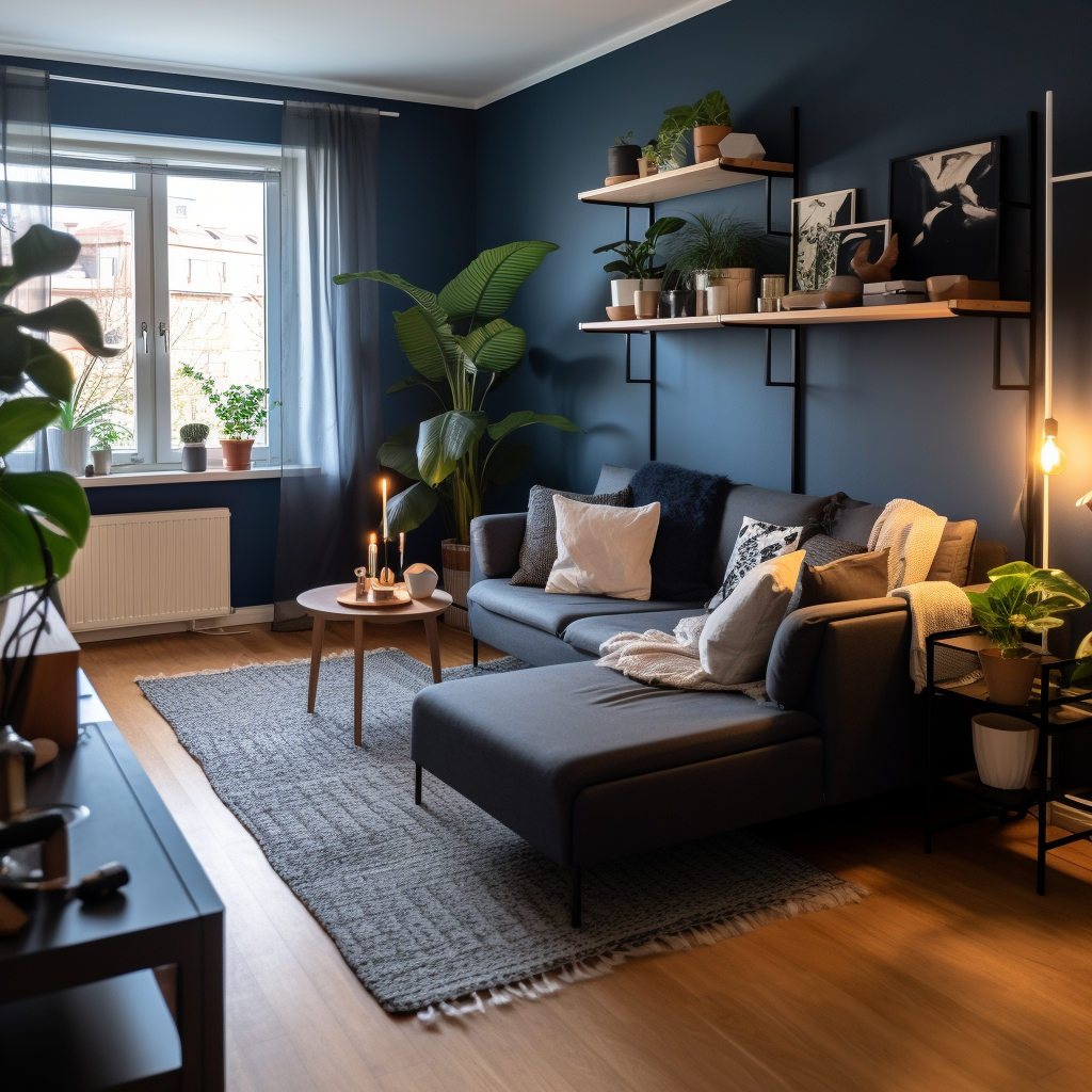 Cozy living room with dark blue walls