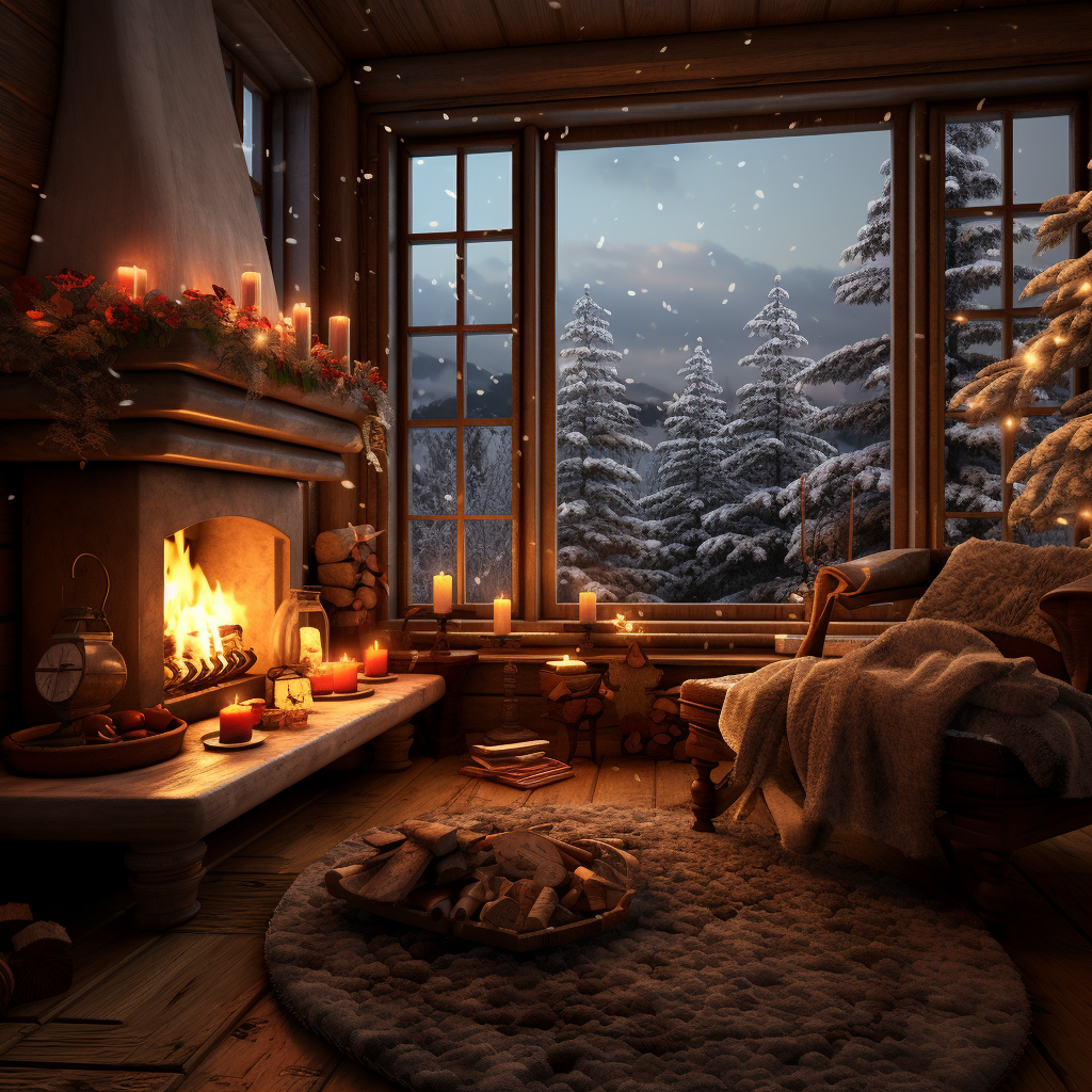 Cozy living room with fireplace and snow through the window