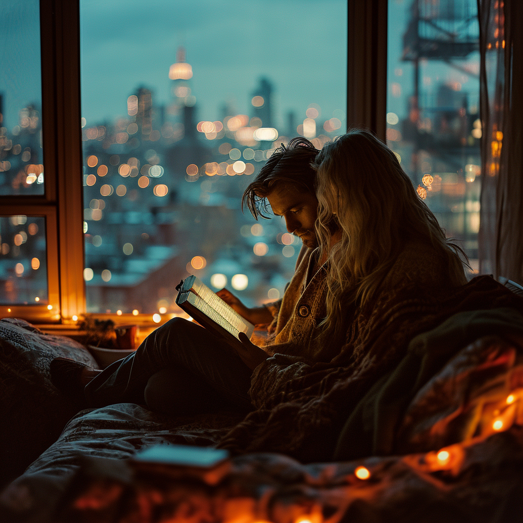 Young Couple Reading Bible in Cozy Living Room