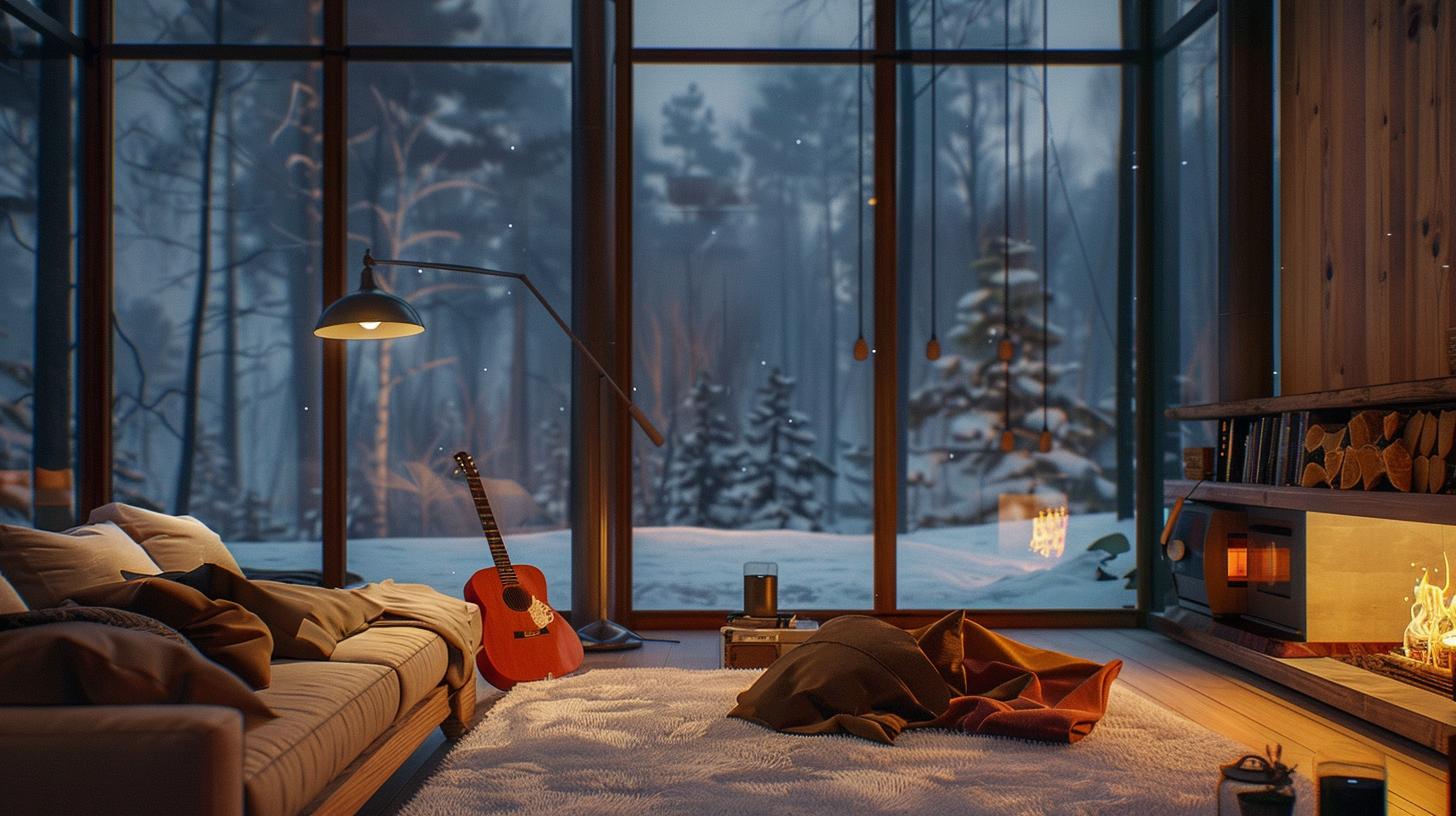 cozy living room fireplace guitar