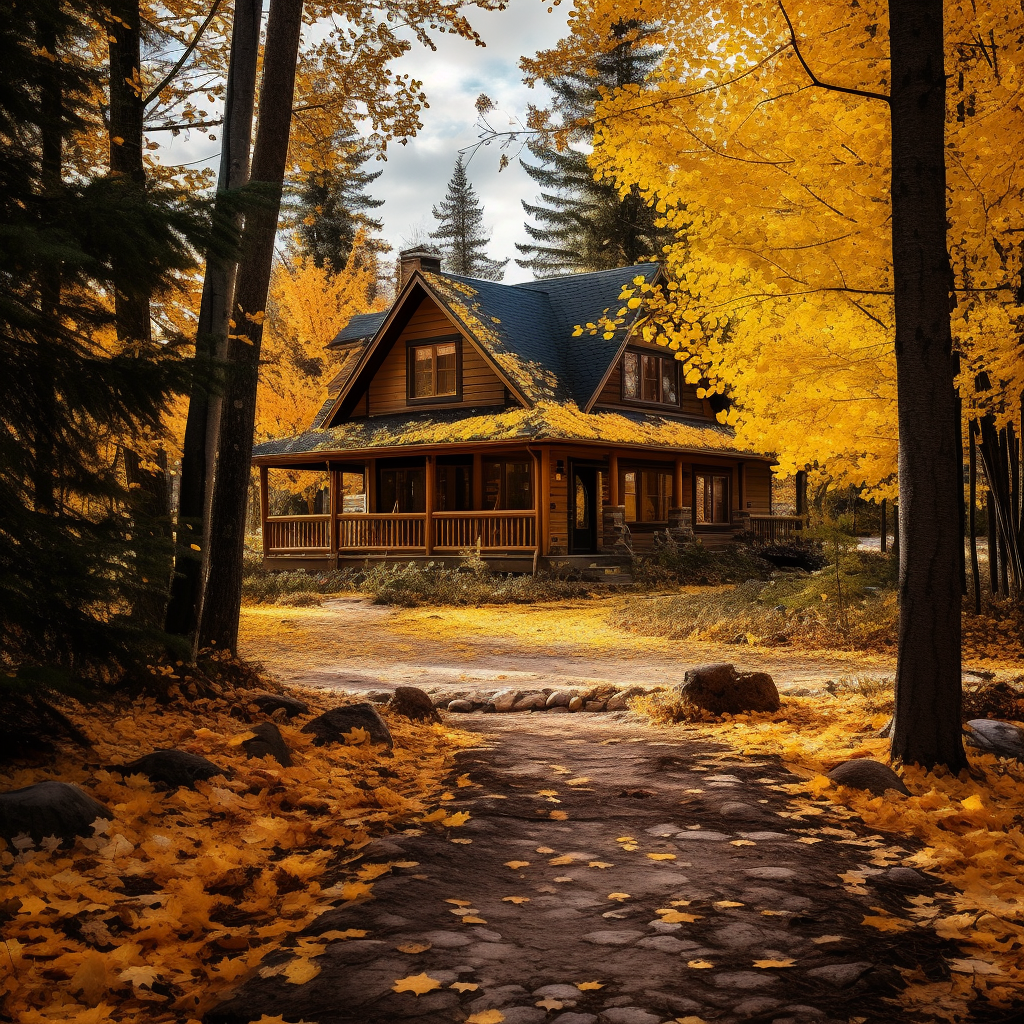 Cozy log cabin surrounded by autumn trees