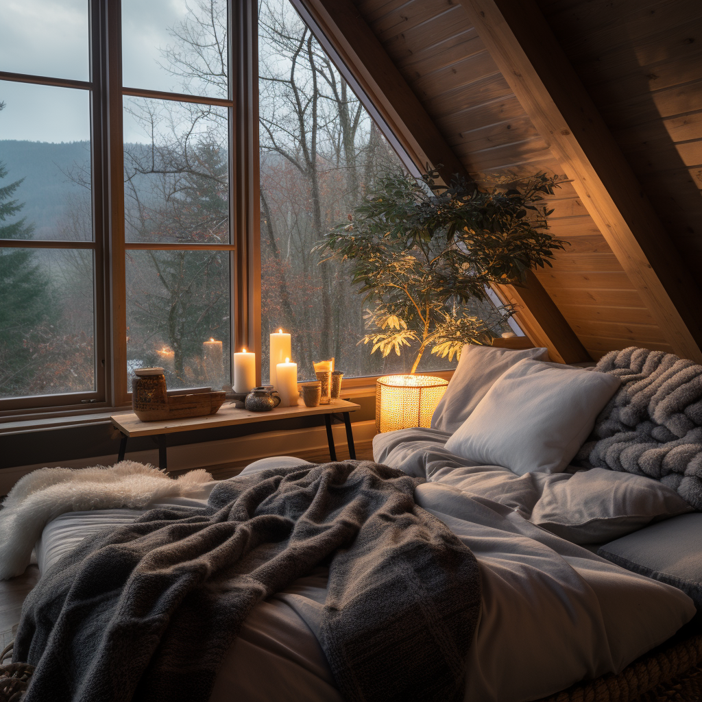 Cozy Scandinavian winter cottage interior with blankets and pillows