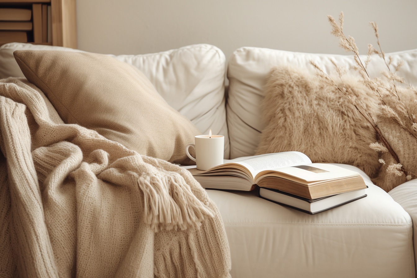 Cozy neutral blanket on beige couch