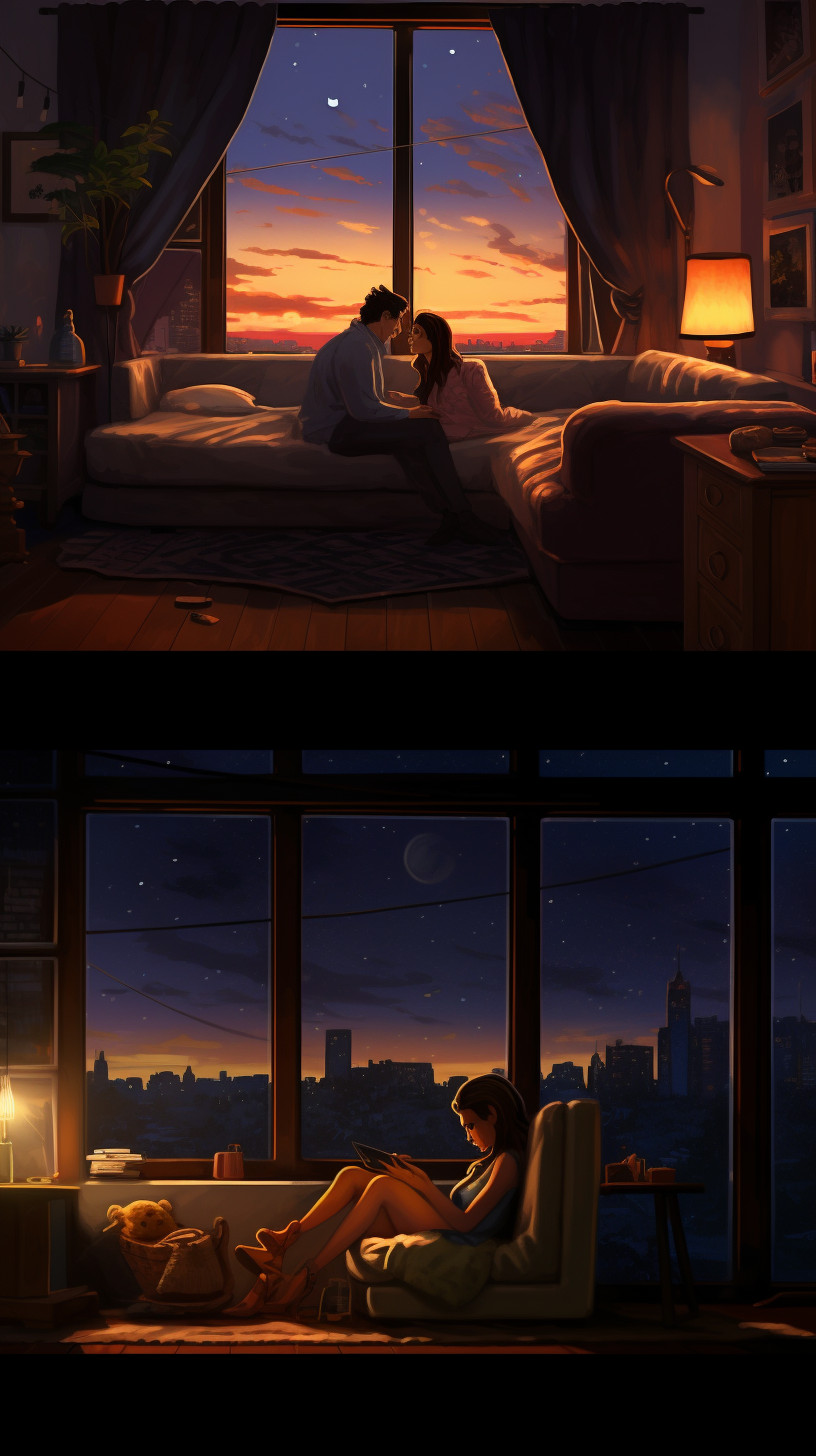 Couple silhouettes on video call at cozy night scene