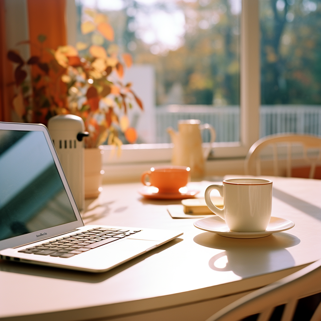 Cozy office with coffee and laptop