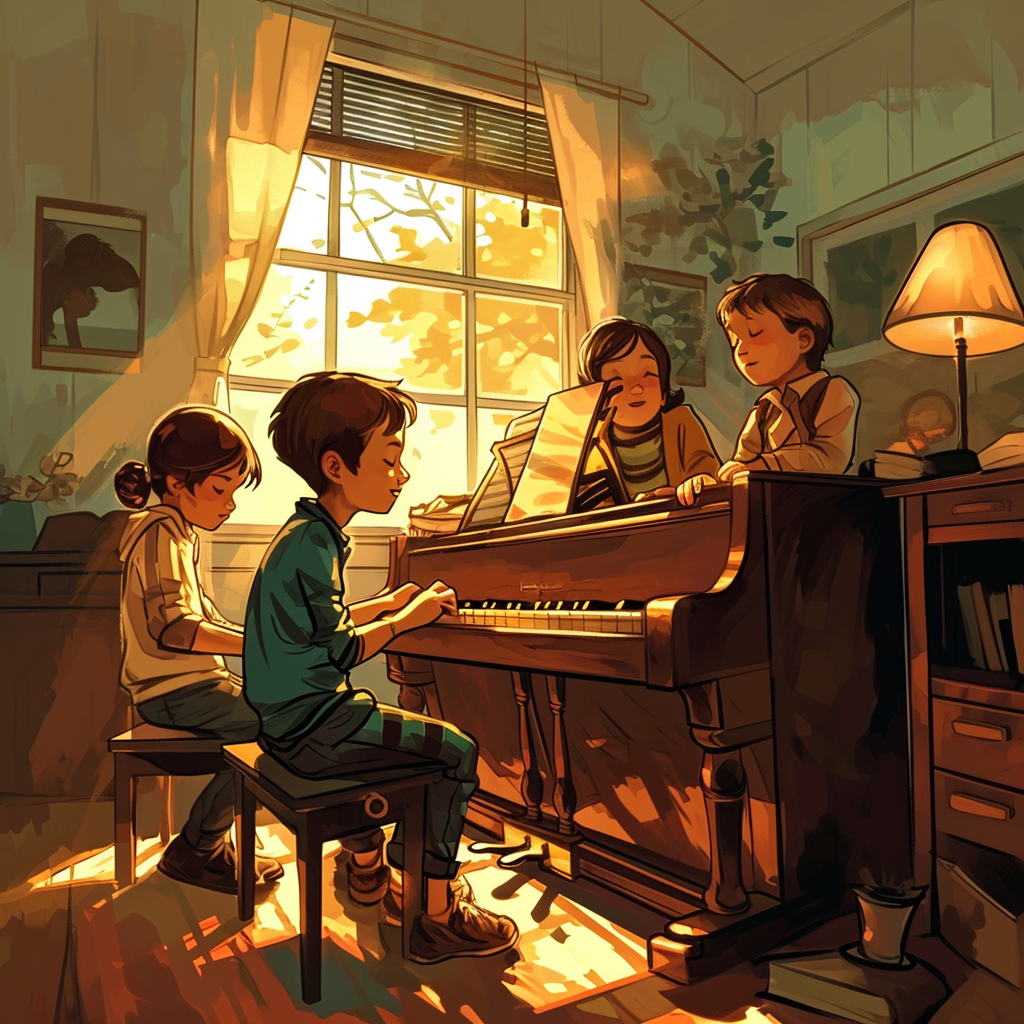 Kid playing piano with friends