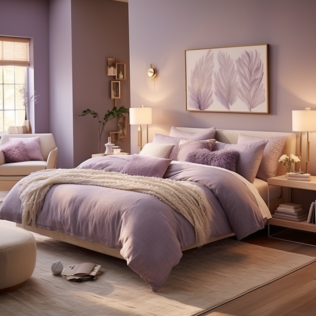 Cozy purple bedroom scene with inviting ambiance