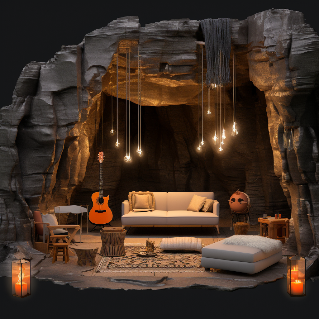 Cozy cave interior during a rainstorm